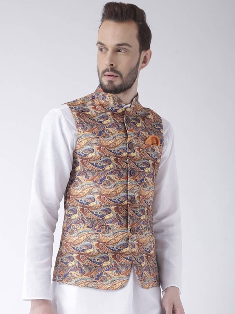 Men's Multicoloured 
Cotton Blend
 Printed Nehru Jackets